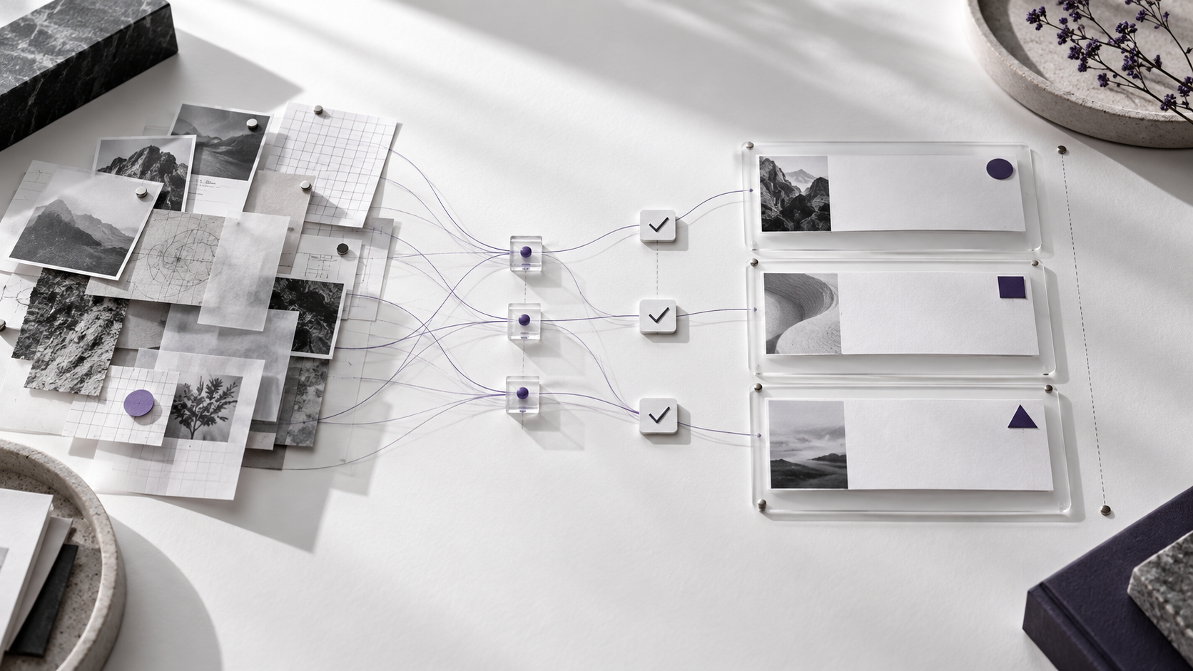 Source tiles and lineage threads converging into bounded decision cards.