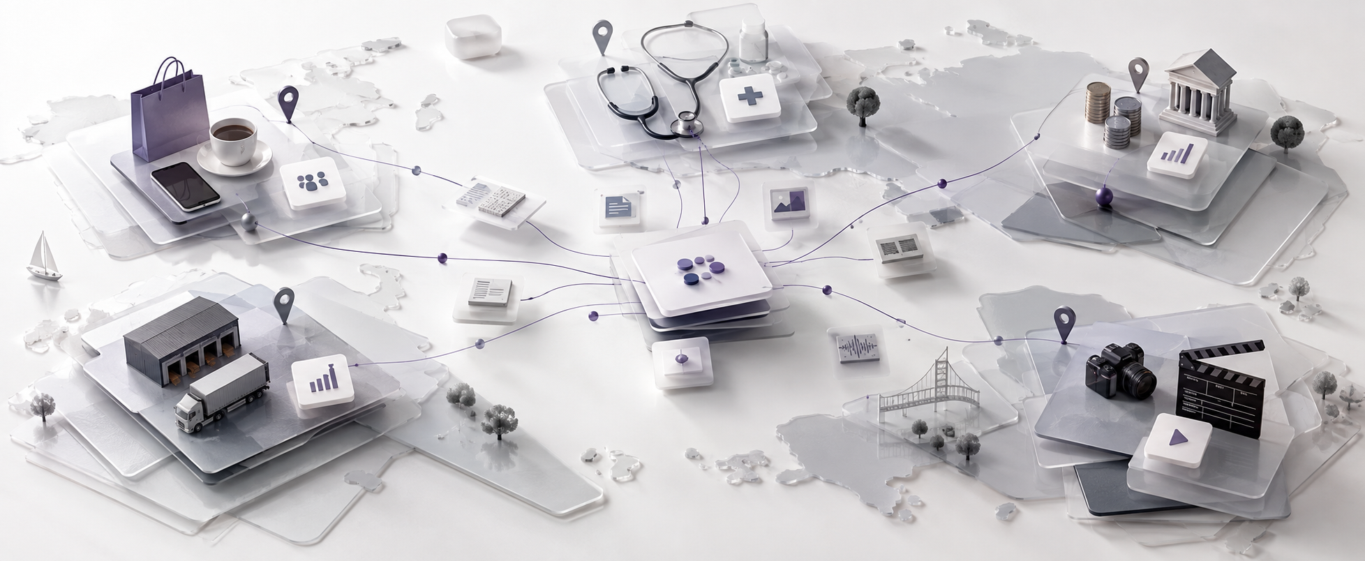 Layered evidence sources connecting consumer, healthcare, finance, logistics, and media contexts.