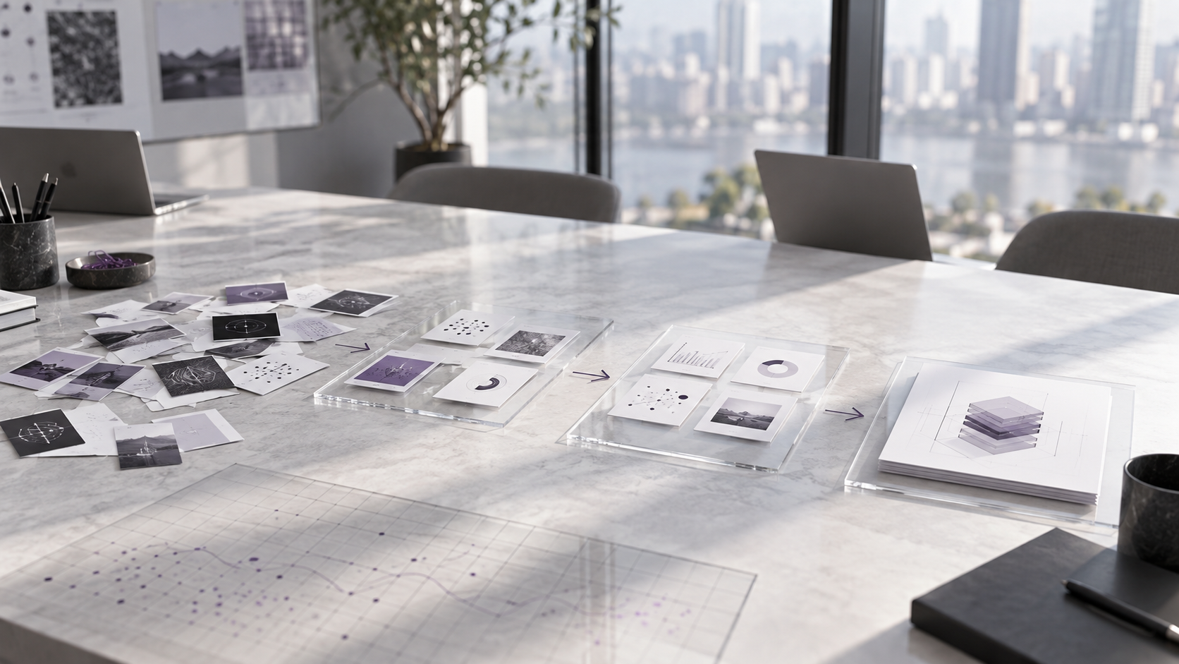Evidence cards and decision artifacts arranged on a strategy table.