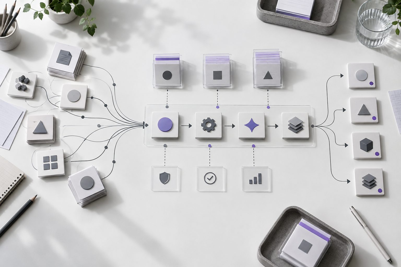 Modular workflow tiles converging into an accountable AI-enabled operating process.